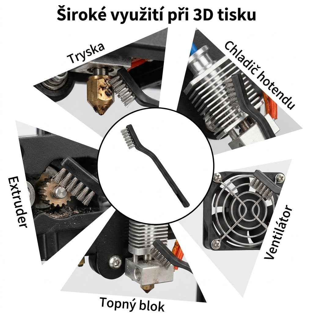 Použití drátěného kartáčku při čištění 3D tiskárny, tryska, chladič hotendu, ventilátor, topný blok a extruder