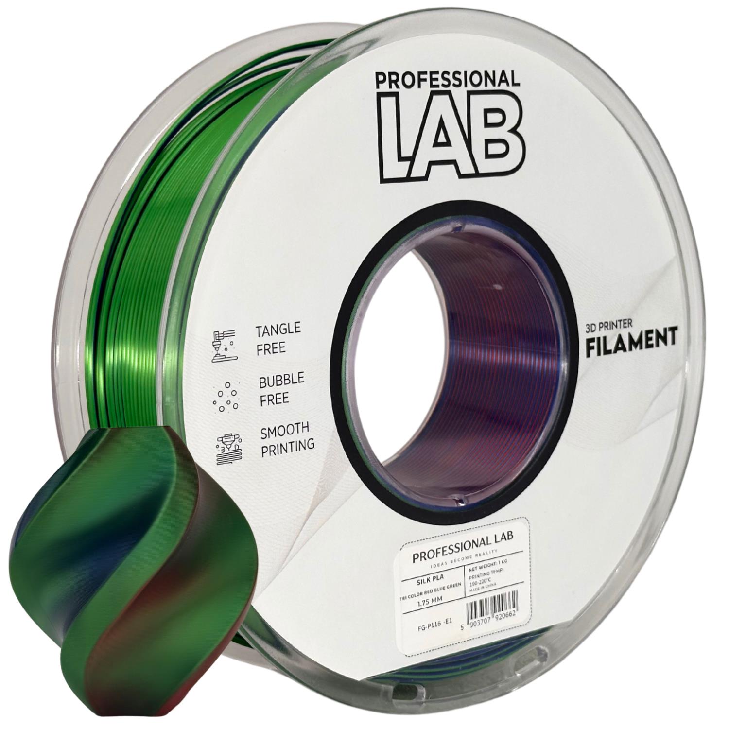 Cívka filamentu Silk PLA Tri Color červená modrá zelená, Prof. Lab, 1,75 mm
