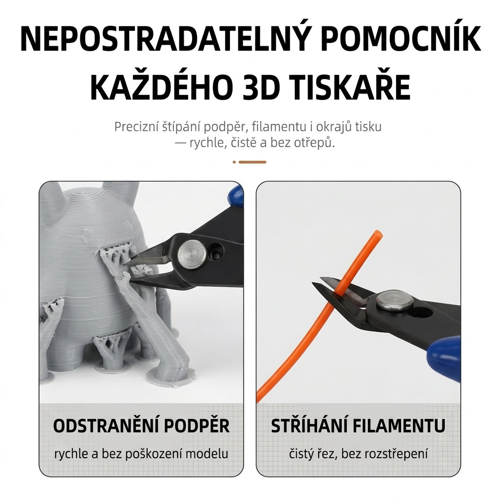 Použití štípacích kleští pro odstranění podpor z 3D výtisku a stříhání filamentu